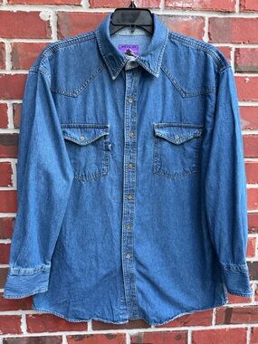 Vintage Wild Stallion Men’s XL Long Sleeve Button Up Western Denim Shirt F5